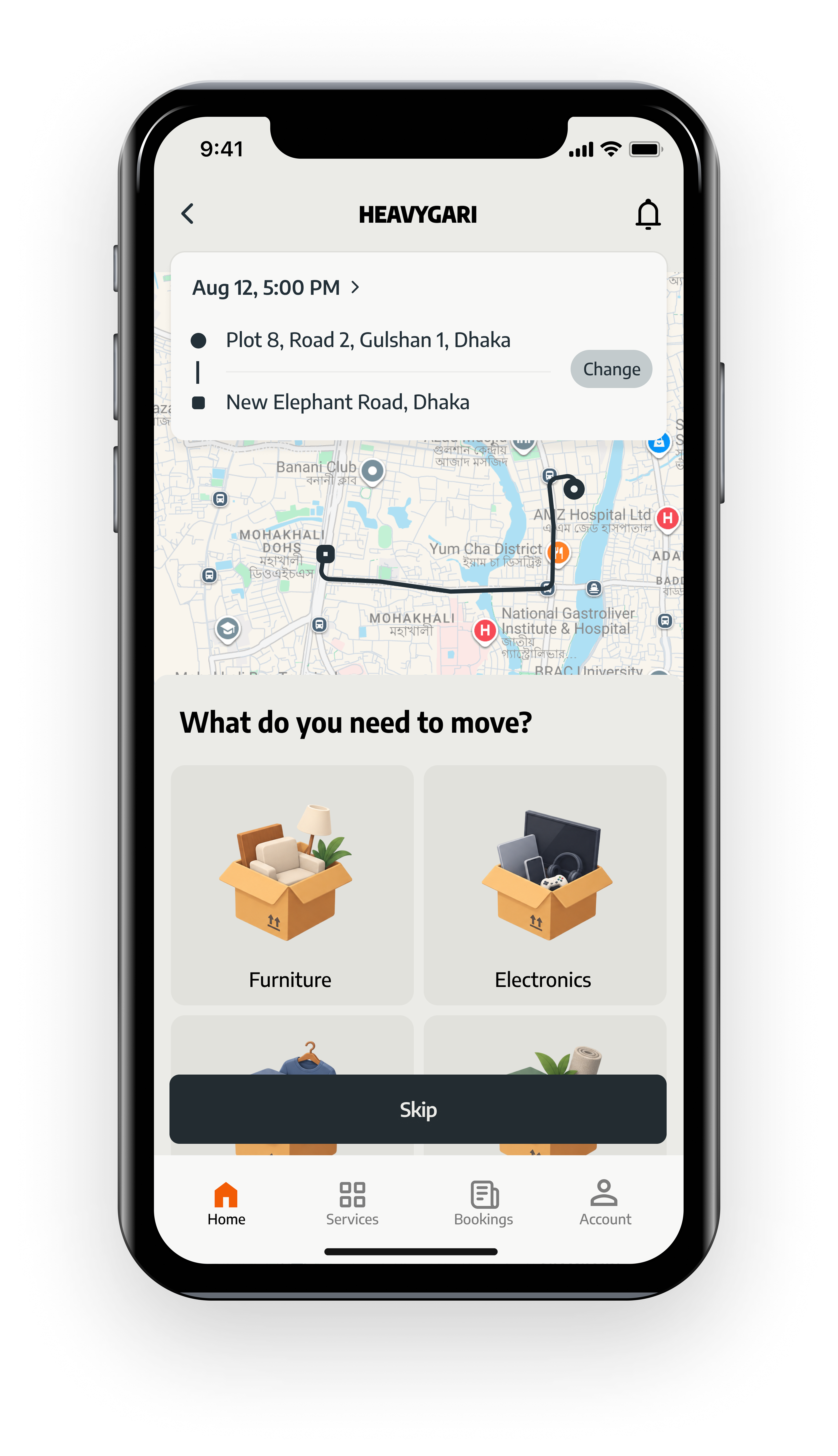 HeavyGari vehicle and service selection screen